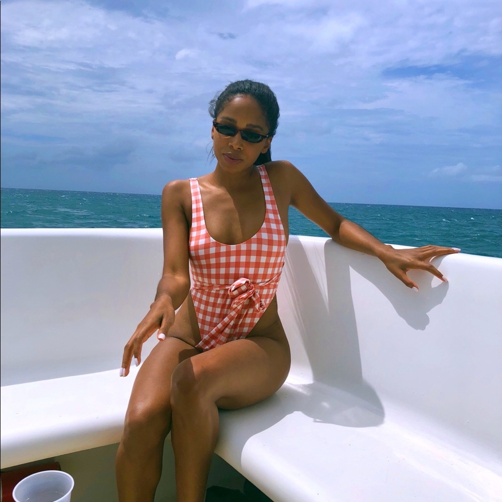 Vintage pink gingham print one piece swimsuit